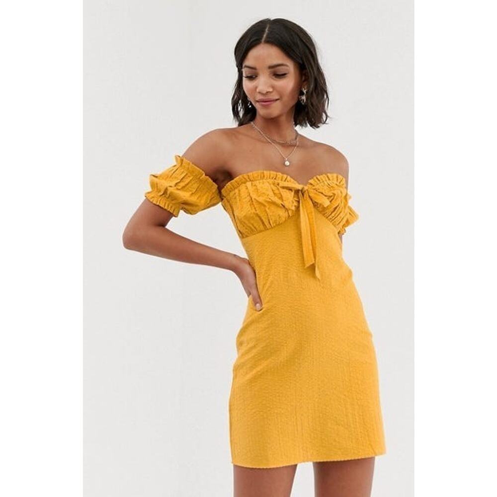 ASOS Yellow Off Shoulder‎ Babydoll Bow Tie Casual Cute Mini Sundress Size 6